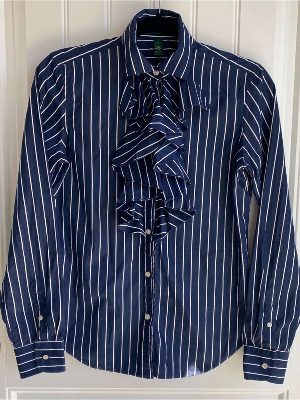 Ralph Lauren Blue and White Striped Ruffle Chest Shirt